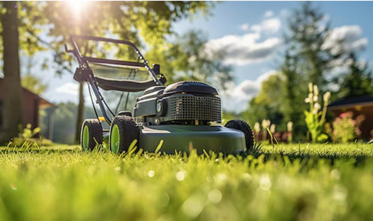 mower on shinny grass, sun