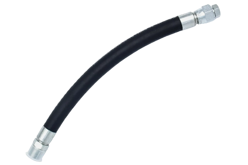 Black flexible hose with metal fitting on a white background