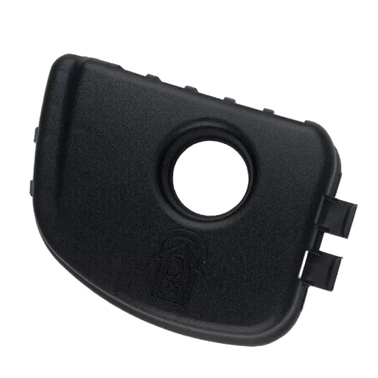 Black plastic component with a circular hole on a white background